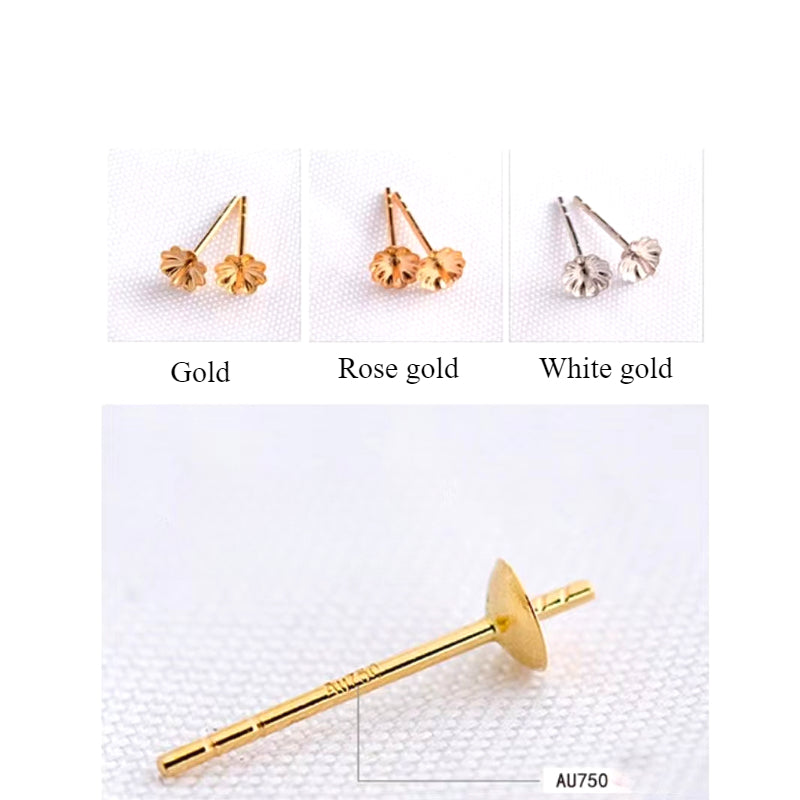 18K Gold Earring Posts with Backs for 2–14mm Pearls, DIY Stud Parts