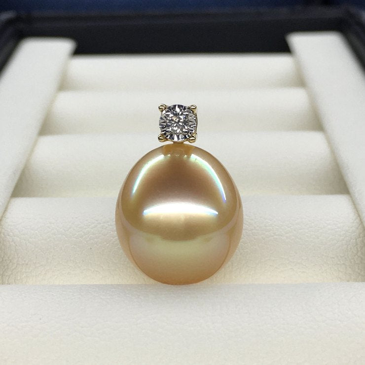 5A 13–14mm Oval Golden South Sea Pearl Pendant, 18K Gold Diamond Drop Setting, Teardrop Sea Pearl Diana Style, Custom Color Match