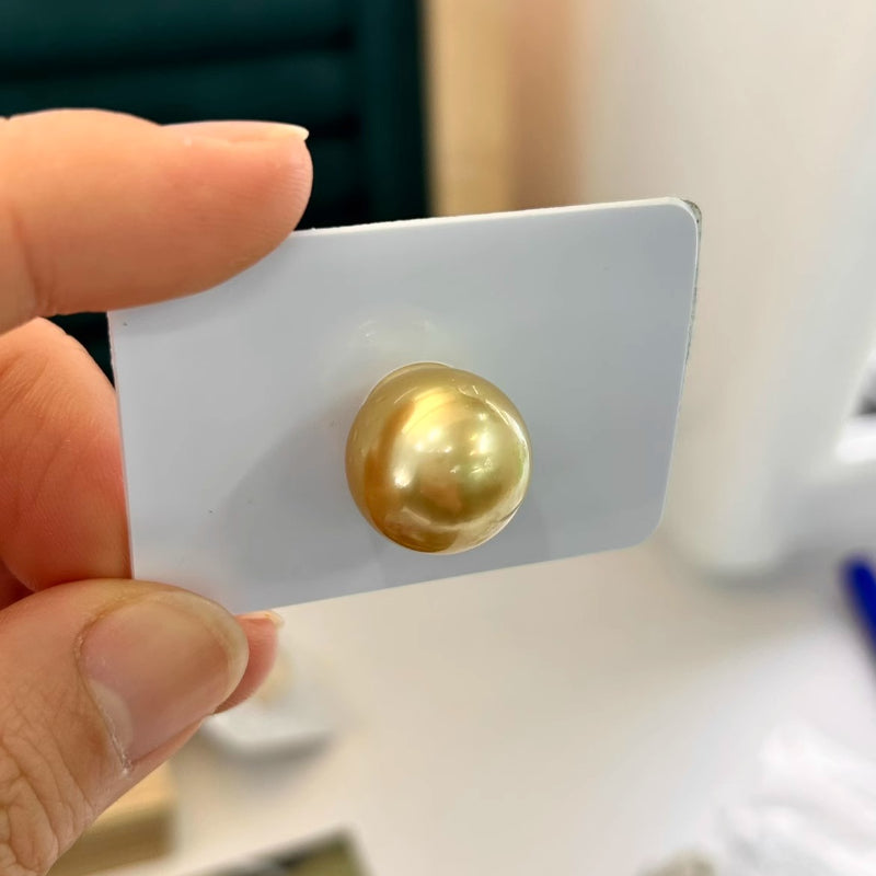 3A 15-16mm Medium Golden South Sea Pearl, Nearly Round Loose Pearl with Mirror Strong Luster, Slight Blemish, Single Bead for Jewelry