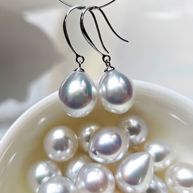 5A 8-13mm Australian White South Sea Pearl Earrings, Drop Shape High Luster Pearls with 18K White Gold Hooks, Luxury Pearl Wholesale