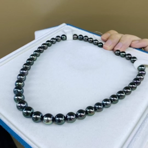 3A 8-11mm Tahitian Pearl Necklace, Natural Black Peacock Green Saltwater Pearls with Aurora Strong Luster, Near Round Strand Jewelry