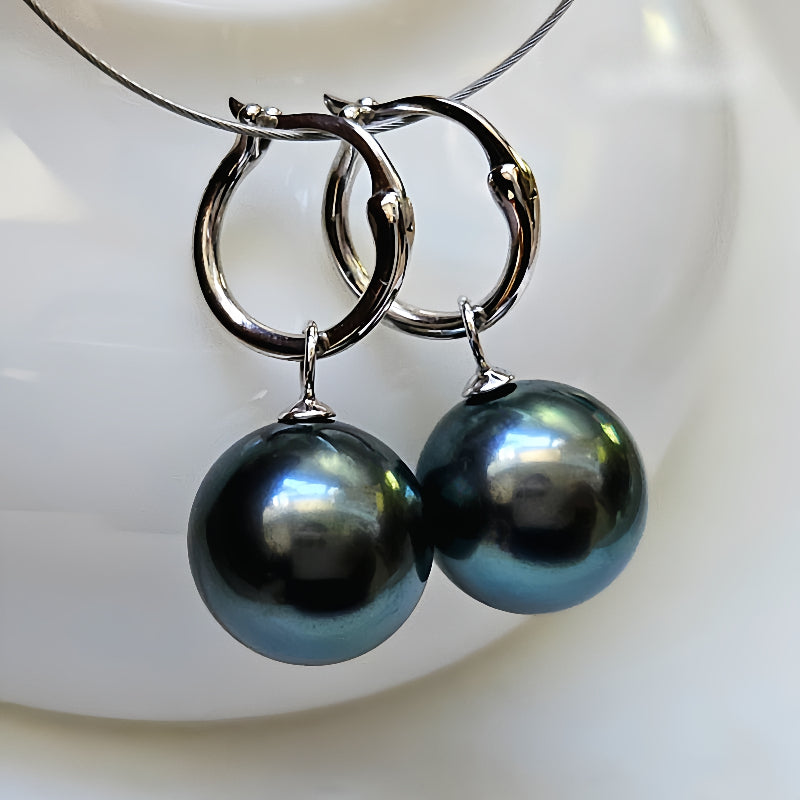 18K Gold 4A 8-11mm Tahitian Black Pearl Earrings, Round High Luster Peacock Green Sea Pearls, Convertible Ear Clips, Pearl Wholesale