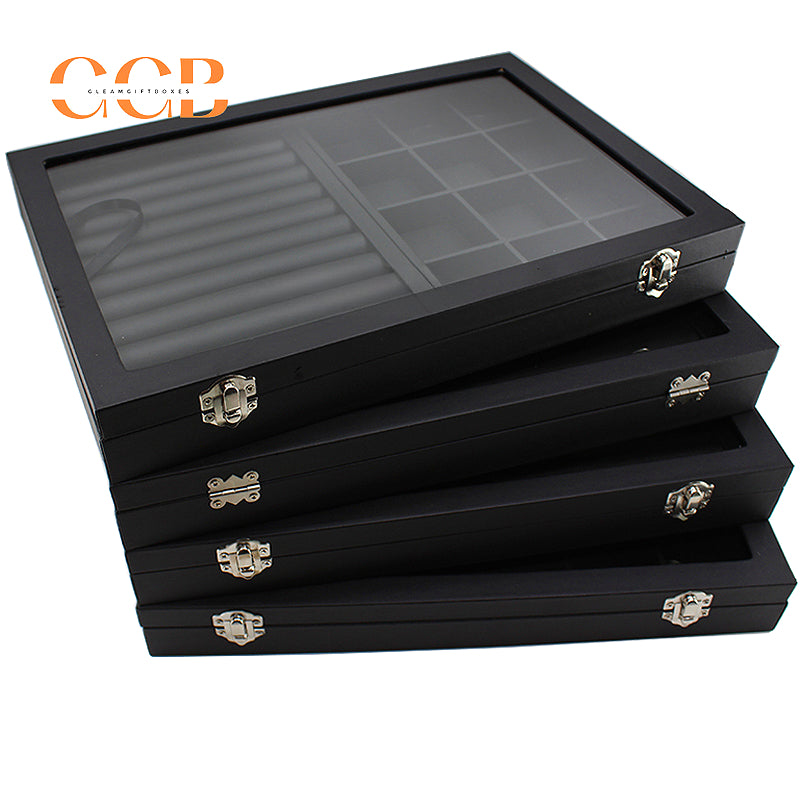 Black Leather Jewelry Display Box with Lid, Medium or Large Size
