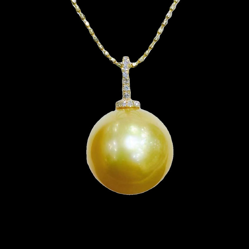 South Sea Gold Pearl Pendant, Deep Golden Round Pearl with 18K Bail