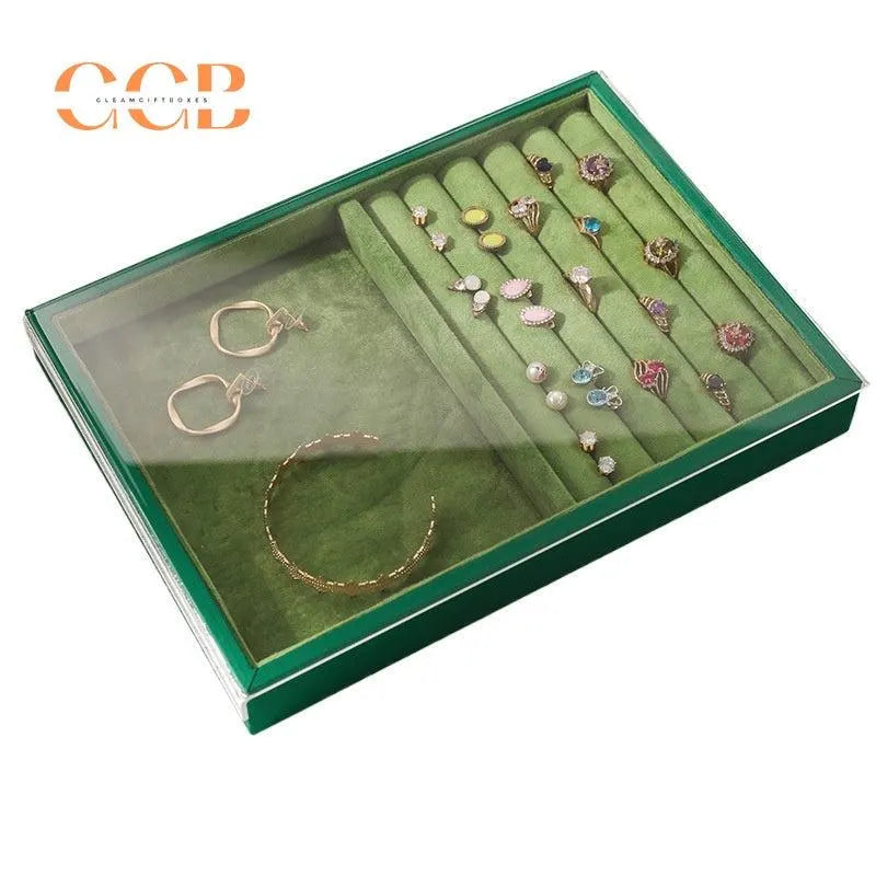Green Velvet Jewelry Display Tray with Lid
