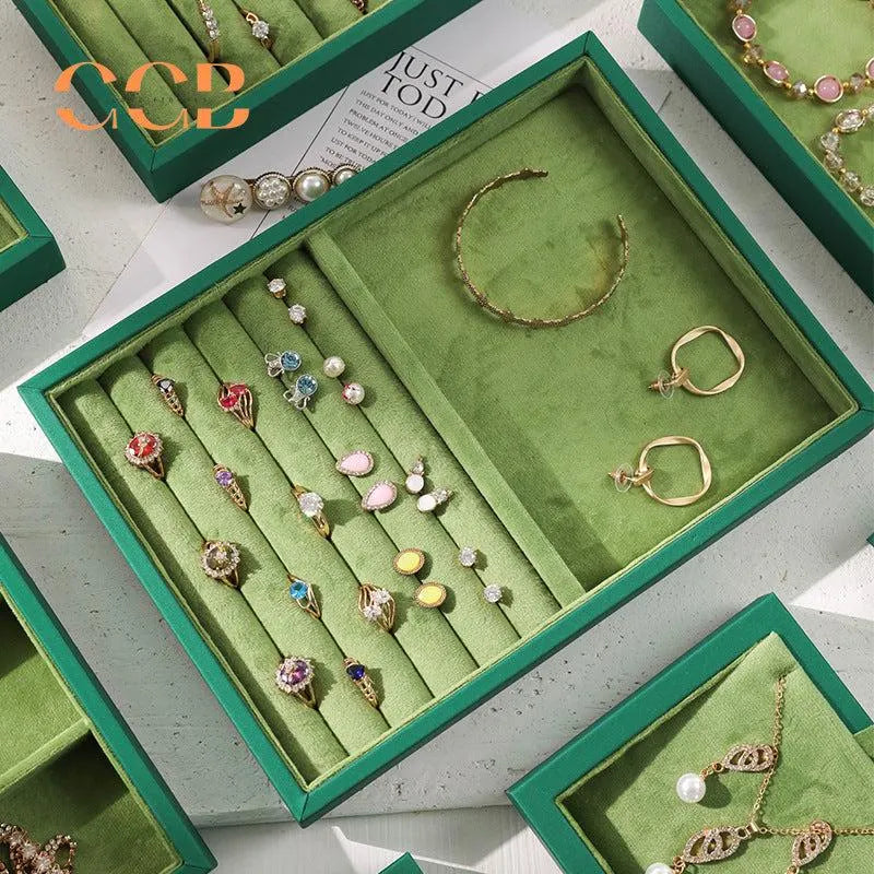 Green Velvet Jewelry Display Tray with Lid