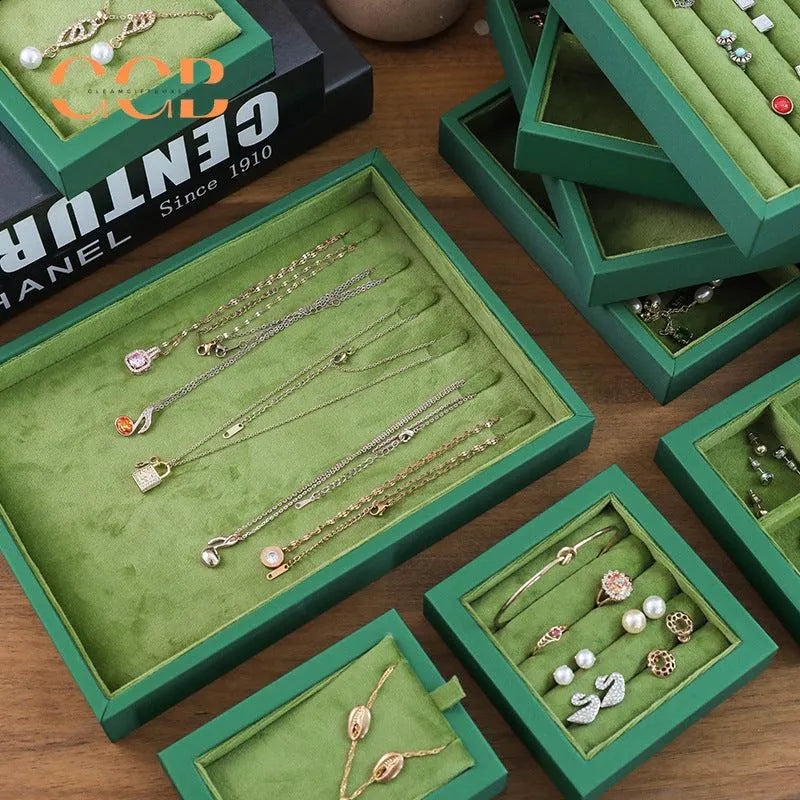 Green Velvet Jewelry Display Tray with Lid