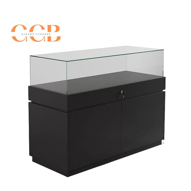 Glass Jewelry Display Cabinet with Lock - Floor Standing Store Showcase (Black/White)