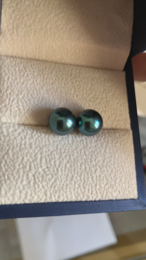 4A 8-14mm Nearly Flawless Tahitian Black Pearl Earrings Custom in 18K Yellow or White Gold Natural Round Seawater Peacock Green Pearl