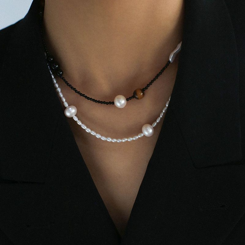 Braided Simple Freshwater Pearl Tiger Eye Stone Necklace