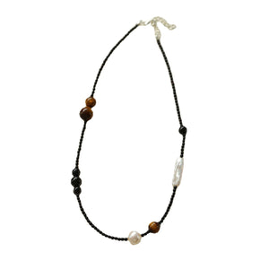 Braided Simple Freshwater Pearl Tiger Eye Stone Necklace