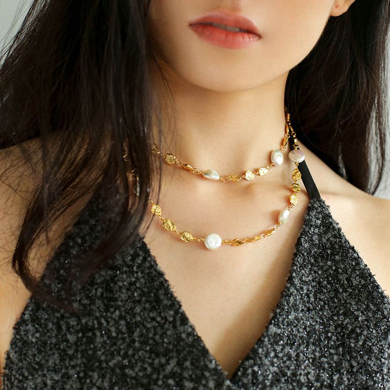 Gold Coin Baroque Freshwater Pearl Clavicle Chain