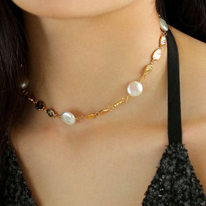 Gold Coin Baroque Freshwater Pearl Clavicle Chain