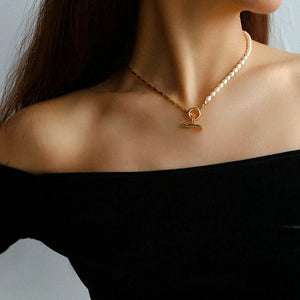 Simple Freshwater Pearl Splicing Chain Y-shaped Necklace