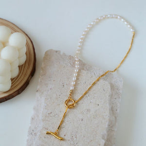 Simple Freshwater Pearl Splicing Chain Y-shaped Necklace
