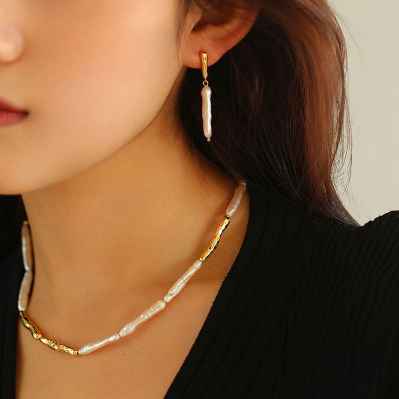 Toothpick Baroque Pearl Clavicle Chain Necklace Earrings Set